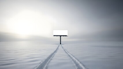 Empty winter road with a blank billboard under a bright overcast sky