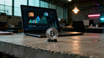Bitcoin cryptocurrency coin next to laptop with stock market data. Financial technology and investment concept.