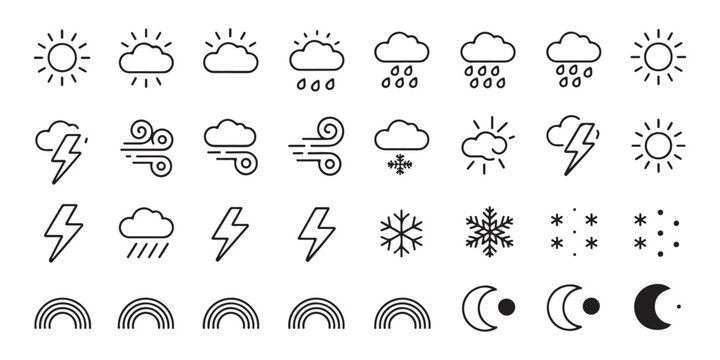 Weather icon set. sun cloud rain wind snow lightning rainbow moon vector symbols for web and mobile design