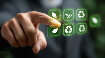 Hand touching digital eco icons, representing sustainability, green technology, recycling, and environmental responsibility.