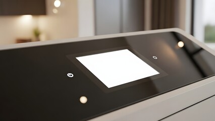 Close up of a modern digital picture frame displaying a blank white screen indoors