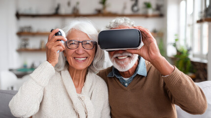 VR, gaming and metaverse with a senior couple playing a video game in their home for fun together. 3d, virtual reality and internet with an elderly gamer and his wife enjoying an immersive experience