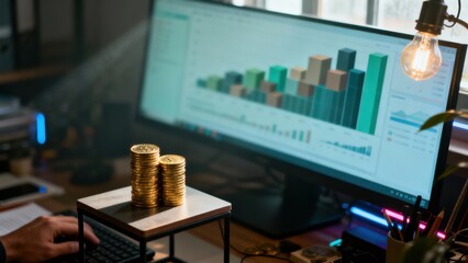 Modern workspace with financial data analysis on screen and stacks of coins.
