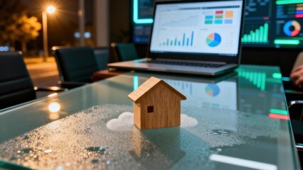 Modern office setting with a miniature wooden house on a glass desk, laptop displaying financial data.