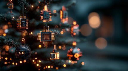 Microchips connected in glowing digital network, symbolizing artificial intelligence, data processing, and advanced technology.