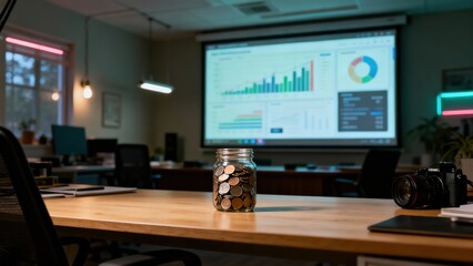 Modern office workspace with financial savings jar and data analytics presentation on screen.