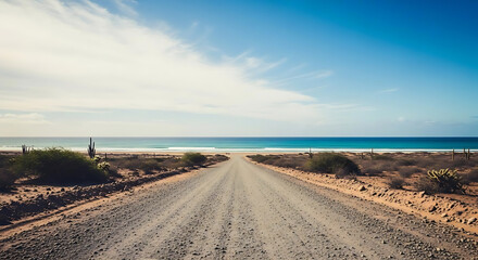 A scenic dirt road leading to a beautiful beach with blue ocean and sky