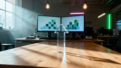 Modern office workspace with data analytics on dual screens and a stylish arrow paperweight on a wooden table.