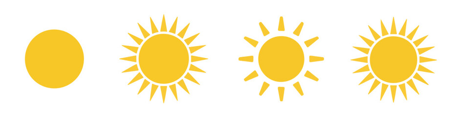 Set of four varied sun vector icons depicting summer season, warm weather, and natural light over white background