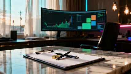 Modern office setup with cryptocurrency and financial charts on a large screen.