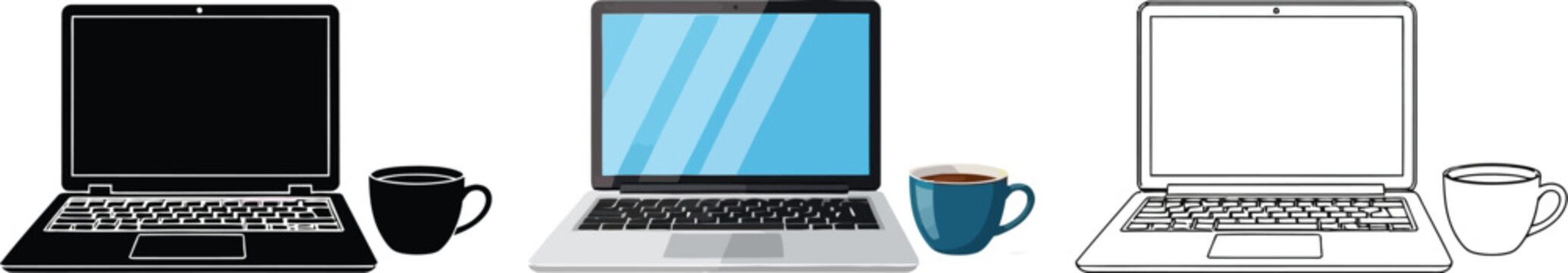Collection of three laptop and coffee cup icons presented in silhouette flat color and outline styles for versatile design use