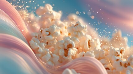 Dynamic popcorn wave composition for snack branding, food advertising, and cinematic marketing campaigns. Strong product focus enhances packaging development, promotional materials