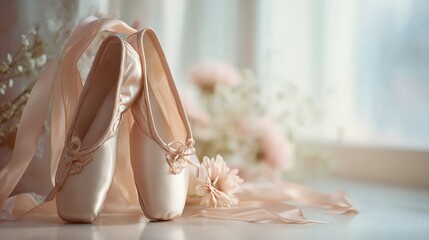 Ballet pointe shoes banner for dance school promotion, artistic education marketing, and cultural event advertising. High-quality product visual supports performing arts branding, training materials