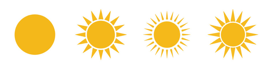 Set of four diverse sun vector icons showing brightness, good weather, and natural light over white background