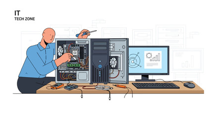 Illustration of it technician repairing and assembling a desktop computer hardware, performing maintenance and service, isolated on