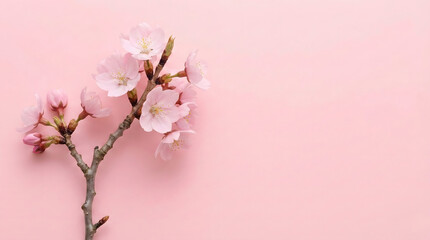 Beautiful pink cherry blossom sakura branch on pastel pink background with copy space