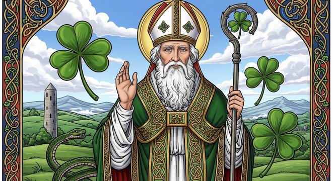 Saint Patrick Illustration with Shamrocks and Serpent in Landscape