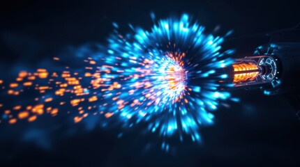 Futuristic energy burst from a high-tech device, illuminating the dark with vibrant blue and orange particles, symbolizing power and innovation.