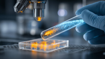 Laboratory scientist handling glowing sample under microscope, biotechnology research, medical innovation and advanced scientific analysis.
