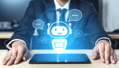 AI chatbot virtual assistant interacting with users through AI conversation bubbles, symbolizing AI automation, smart communication, and AI digital artificial intelligence help support Vouch