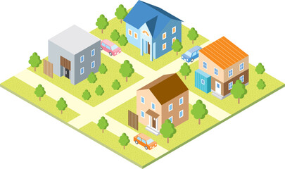 スタイリッシュでかわいい一戸建てが並ぶおしゃれな街並みのアイソメトリックイラスト