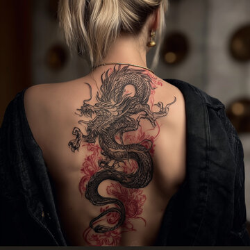 r&uuml;cken tattoo, nacken, schlange, drachen, hals, chinesisch, tierkreiszeichen, frau, jung, t&auml;towiert, tattoo, 