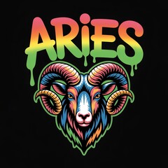 Graffiti illustration of the head of the zodiac sign Aries. On a black background.