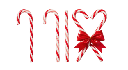 Colorful candy canes arranged in festive shapes with a red bow, symbolizing the joy and spirit of the Christmas holiday season. Isolated on transparent background