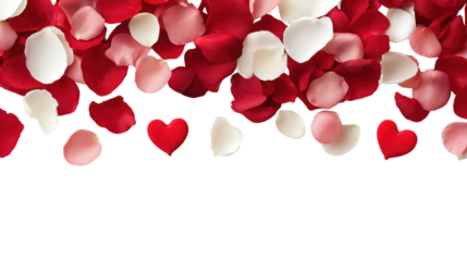 Red and white rose petals scattered on a white background, creating a romantic atmosphere for Valentine's Day celebrations and love-themed events. Isolated on transparent background