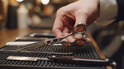 A person's hand holding a pair of shears, next to other hairdressing tools on a textured surface