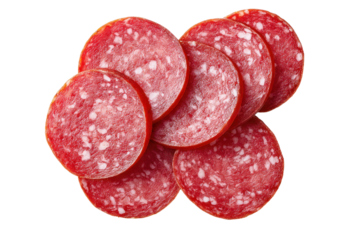 Round slices of salami arranged in a stack, showcasing rich red color and visible fat texture, perfect for culinary presentations and gourmet dishes. Isolated on transparent background