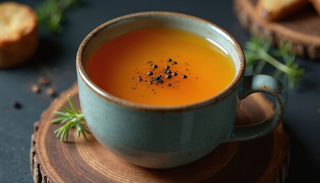 Warm bone broth in minimalist cup, garnished with pepper. Savory liquid in rustic mug on wood. Cozy comforting beverage for autumn or winter season.