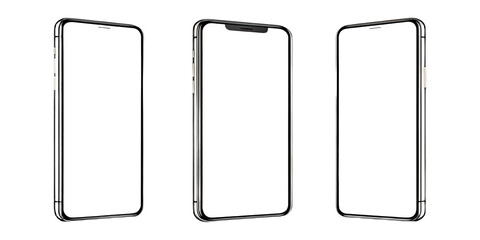 Modern smartphone trio: A trio of sleek, modern smartphones showcase blank screens, inviting digital interaction and presenting opportunities for content, information, and connection.
