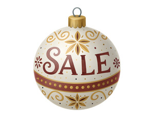 "Christmas SALE Ornament png, White Bauble with Red Text and Gold Festive Patterns for Holiday Promotions. Christmas Discount Ornament, Festive SALE Christmas Ball png. Promotional Christmas Ornament.