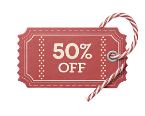 50% OFF red discount tag png, Christmas Discount Tag 50% OFF png, Label with Candy Cane String for Holiday Promotions. Christmas Sale Label. 