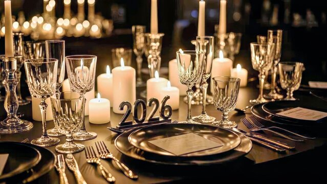 Elegant Candlelit Dinner Table Setting for 2026 Featuring Silverware and Crystalware