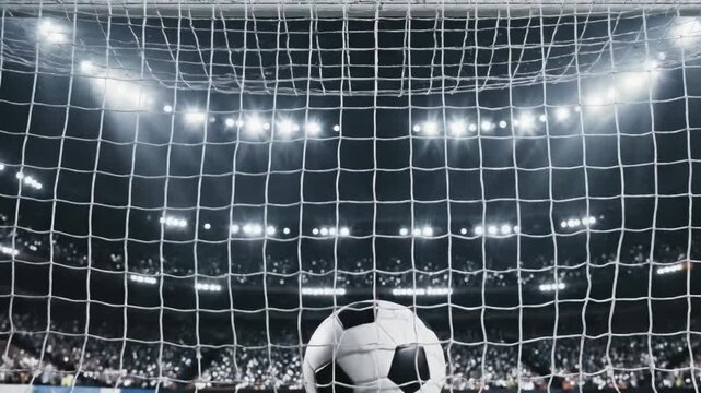 A soccer ball rests inside the net of a soccer goal, with the stadium and crowd visible in the background. The image is taken from behind the goal.