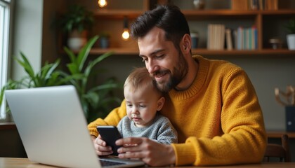 Father works on laptop, holds toddler son looking at phone. Cozy home interior with warm lighting. Man in yellow sweater with child. Loving bond, family togetherness, multitasking work life balance.