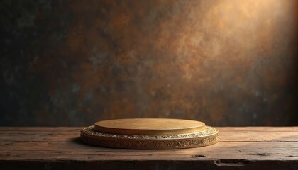 Obraz premium Empty ornate gold podium on rustic wooden table with textured dark background. Product display stage for ads, banners, promotions. Copy space for text.