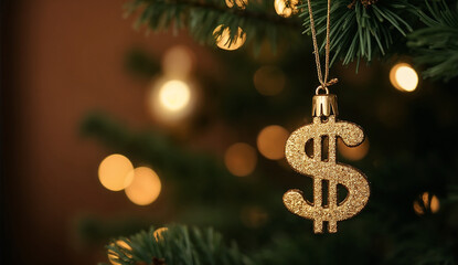 Golden dollar ornament hanging on Christmas tree with bokeh background.
