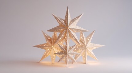 A professional studio shot of star shaped lanterns stacked symmetrically softly against a plain backdrop Sharp detailing captures