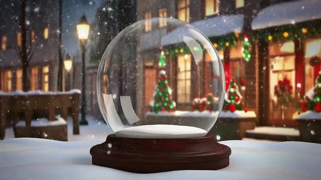 An empty snow globe sits on a snowy street with blurred Christmas-decorated buildings and falling snow in the background. Christmas video background.