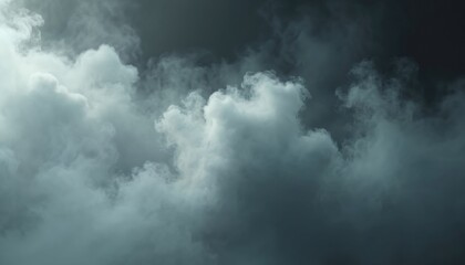 Obraz premium Abstract smoky texture forms ethereal cloudy shapes against dark backdrop. Soft light illuminates swirling fog, suggesting mist, vapor, or gas flow.