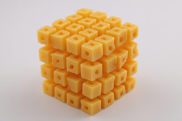 Geometric Cube Structure Constructed from Multiple Identical Yellow Cubes on White Background
