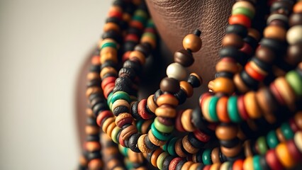 zulu. Close-up of a traditional Zulu beaded necklace, intricate colorful patterns, soft studio lighting. event programs, museum guides, designed for cultural heritage projects and event programs.