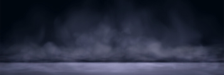 Fototapeta premium Cold smoke effect on black background. Vector realistic illustration of frosty air, cloud of gray dust and smog texture, cool steam flow above water, car speed motion trail on ground, spooky mist