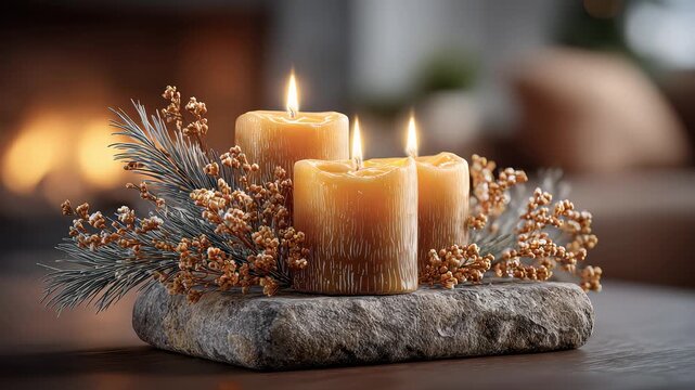 Warm Festive Candle Decoration by Winter Fireplace