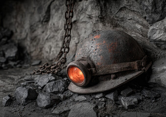 Old miner's helmet with lamp, coal dust