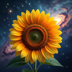 Bright yellow sunflower blossom isolated against a beautiful blue summer sky