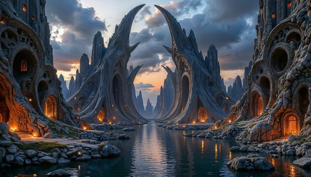 The image shows a fantastic landscape with unusual architectural forms and a waterway